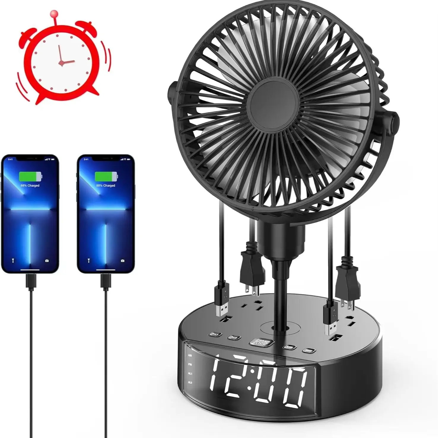 Desk Fan with LED Clock Alarm Function USB & 2 US Standard AC Sockets 5FT Extension Cord for Bedroom Study Living Room