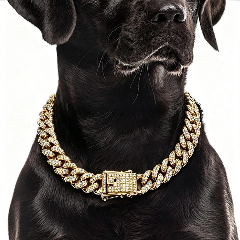 Dog Chain Cuban Collar Pet Chain Necklace, Gold Rhinestone Jewelry for for Small Medium Large Dogs Cats, Secure Metal Clasp