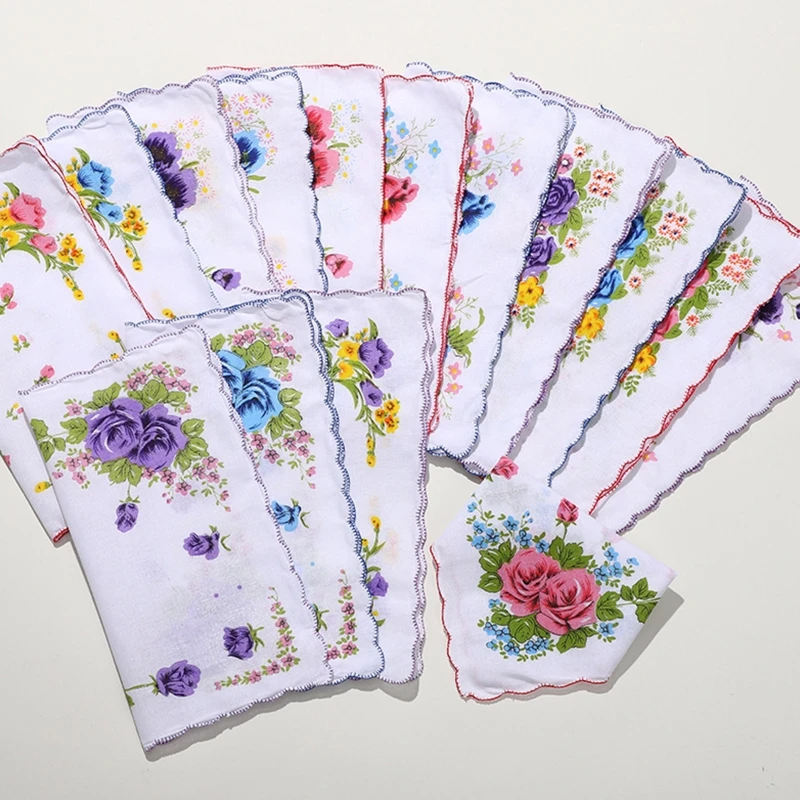 6Pcs Women Floral Handkerchiefs Pocket Handkerchief Natural Cotton Reusable Wedding Party Baby Shower Supplies for Girl