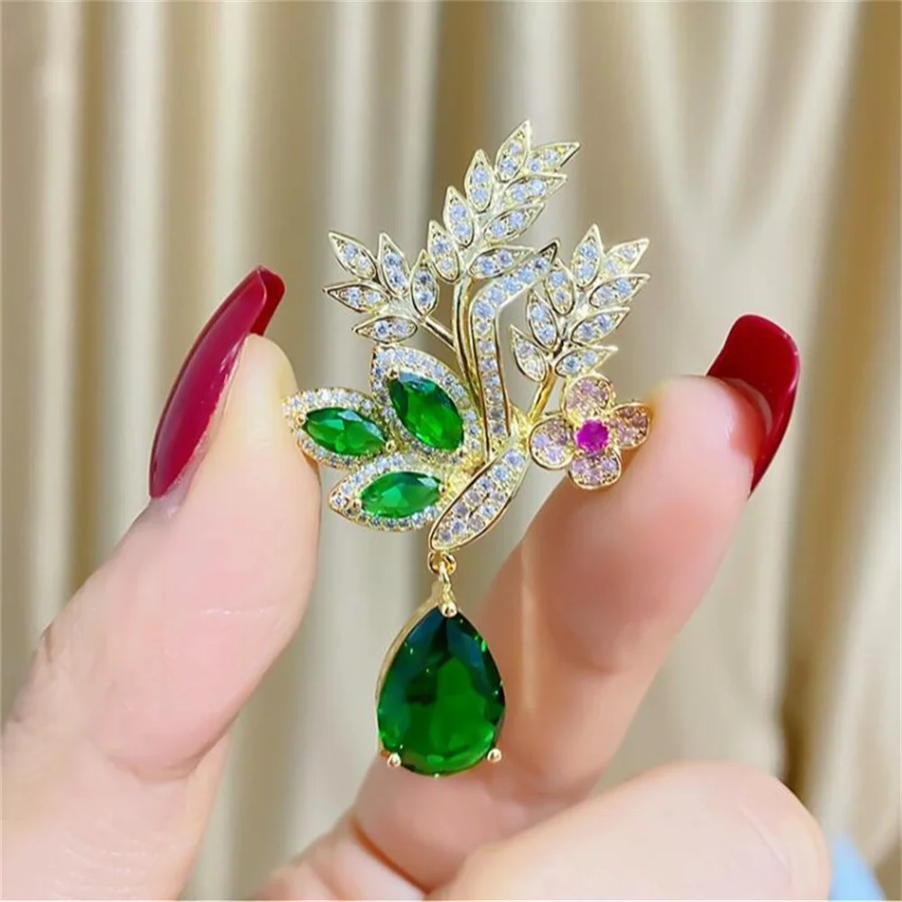 Fashion Green Yellow Leaves Flower Bouquet Wheat Ear Brooch for Women Creative Rhinestone Pin Suit Clothing Jewelry Accessories