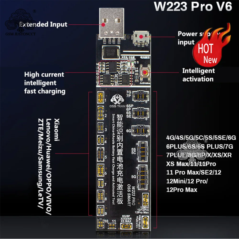Placa de carga rápida de activación de batería W223 Pro V6 para Iphone 6/7/7P/8/8P/X/XR/XS/XS Max/11/11 Pro/12Pro Max/Samsung/Xiaomi