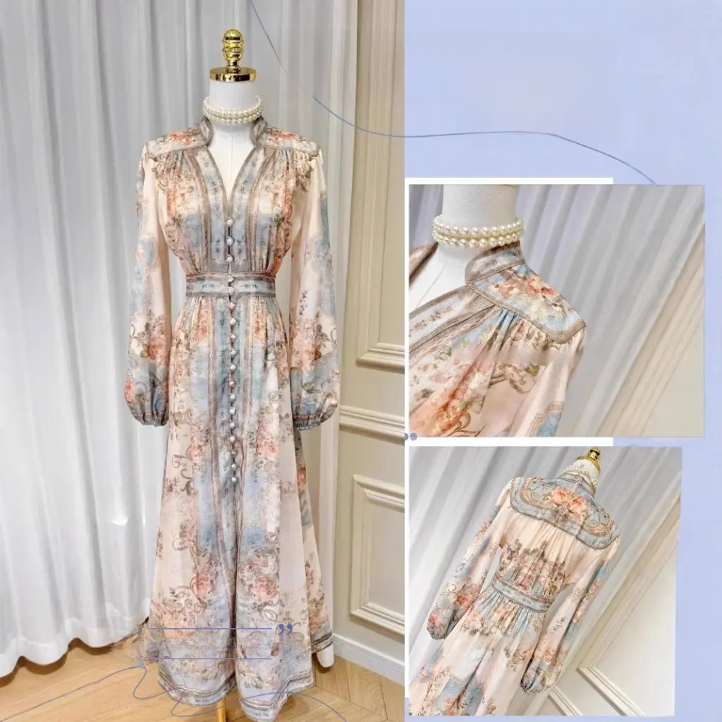 Robe jupe imprimée à manches longues pour femmes, Style européen et américain, petit col montant, coton et lin, taille bouffante