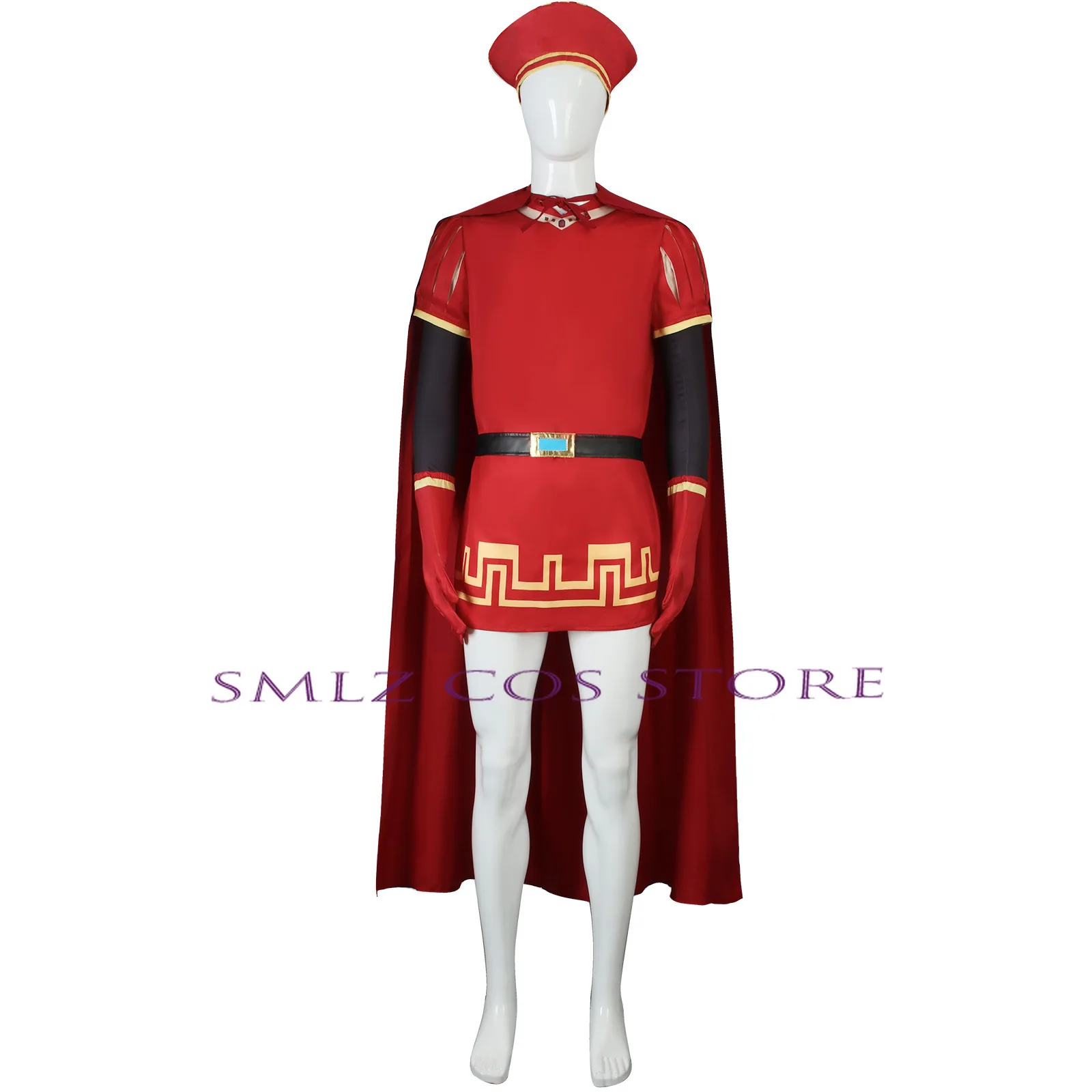 Lord Farquaad Cosplay Anime Kostüm Uniform Umhang Handschuh Hut Set mittelalter liche Cosplay Halloween Party rot Outfit für Kinder Frauen Männer