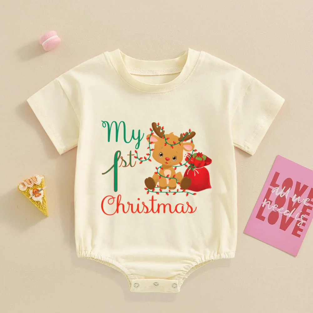 1st Christmas Print Baby Bubble Romper Casual Short Sleeve Oversize Bodysuit Fashion Baggy Bubble Romper Christmas Party Clothes