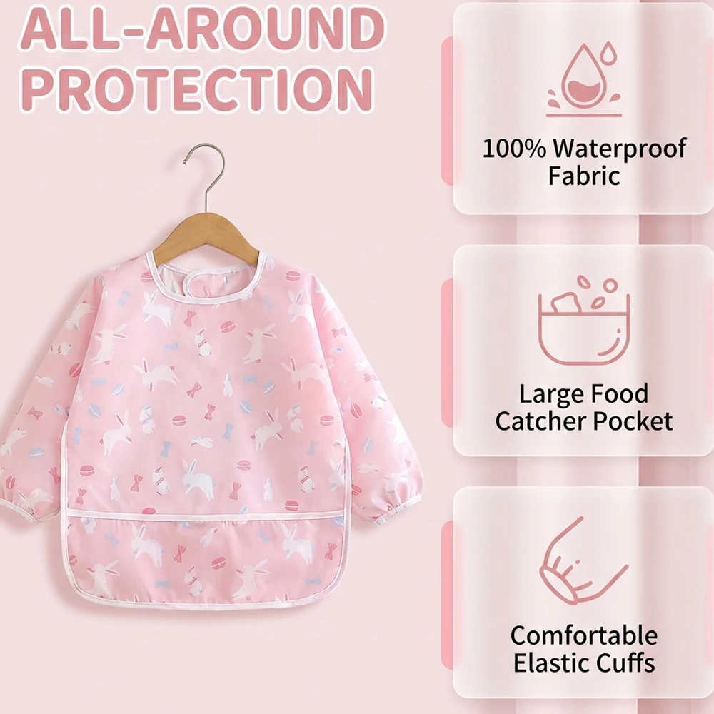 2pcs Waterproof Full Sleeve Baby Bibs Children Apron Long Sleeve Feeding Smock Kids Eating Breastplate Infant Scarf Clothing image 6