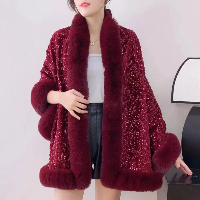 

Padded Thickened Shawl Hair Collar Coat Capes Women Autumn Winter New Fashion Sequins Cape Big Size Outer Cloak Women's Clothing