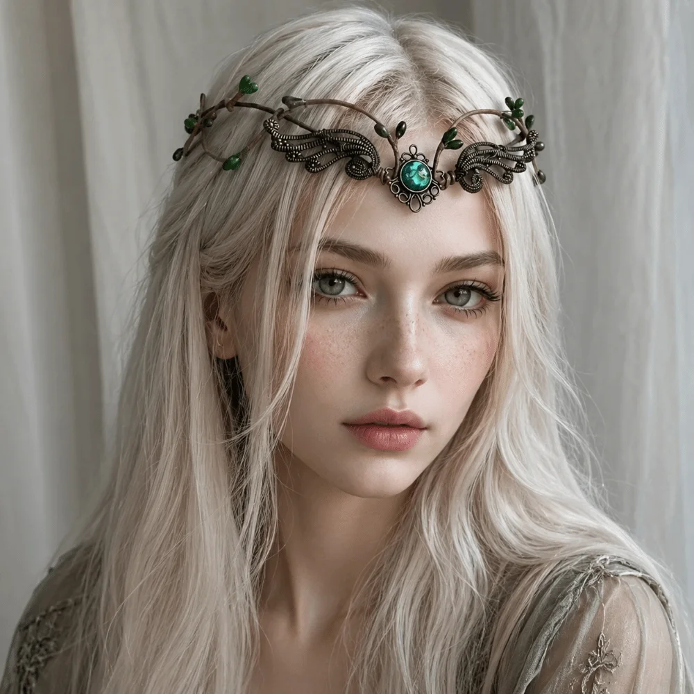 Moon Flower Elven Crown Green Gemstone Renaissance Bridal Forehead Chain Gemstone Vintage Branch Leaf Headpiece Wedding