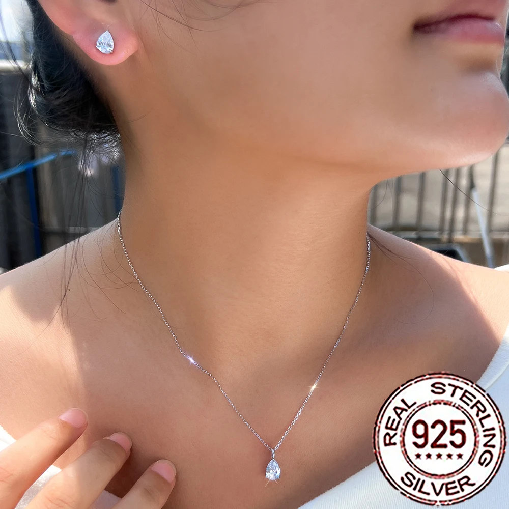 QooLady 925 فضة تألق تشيكوسلوفاكيا الزركون قطرة الماء قلادة قلادة طقم أقراط للنساء مجوهرات حفلات الزفاف ST044