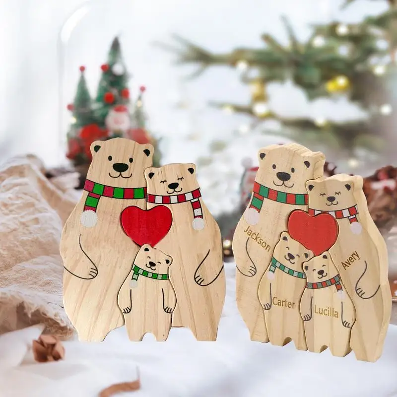 

Wooden Bear Family Puzzle ornament with handwrite Names Cartoon Family Set Art Craft Family Decoration table Sculpture