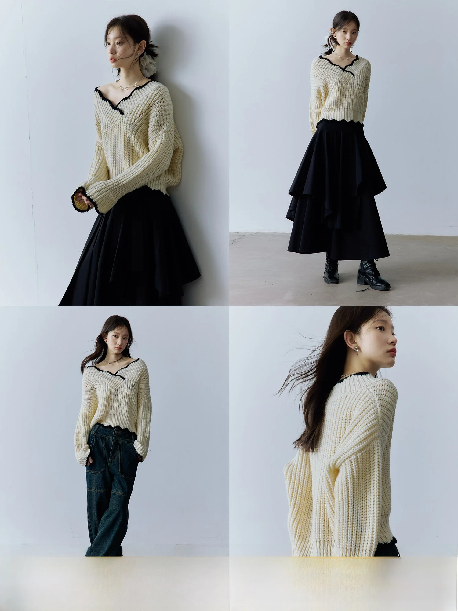 

Женский вязаный топ с V-образным вырезом Fussed Urban Collection, фактурный, с цветовыми блоками, длинными рукавами, теплый, модный, для прогулок