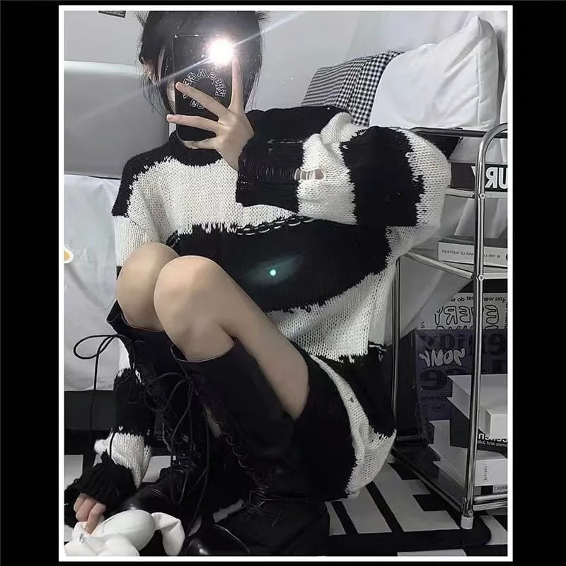 Hollow Striped Gothic Sweater Women Knit Pullover Black White Loose Jumper Pull Female Long Sleeve O-Neck Korean Fashion Autumn