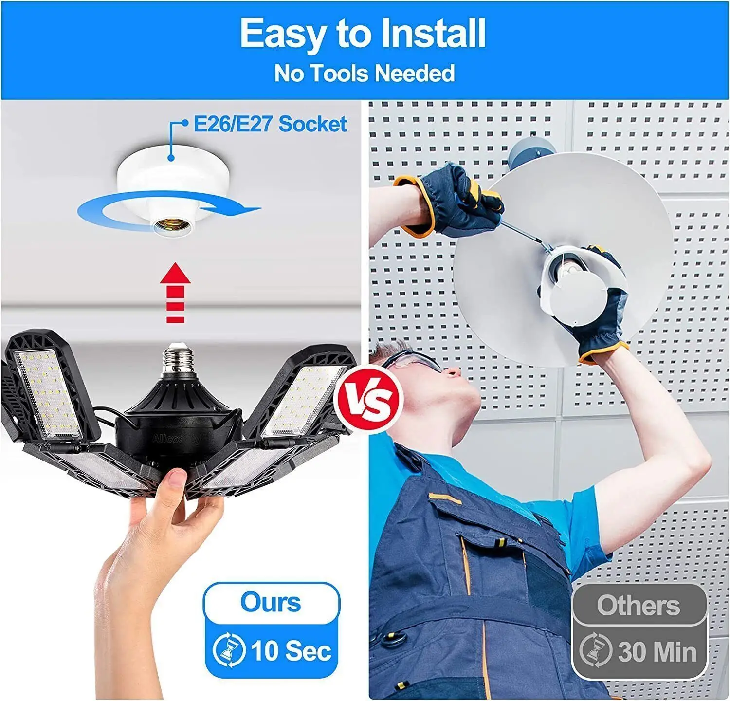 LED Garage Light with 3/5/10 Adjustable Panels Ceiling Light E27/E26 LED Bulb Night Lamp for Workshop Garage Industrial Lighting