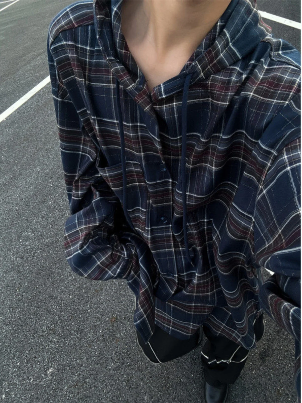 

Retro Plaid Hooded irt Jaet Men's Spring Autumn Loose Casual Long Sve irt Design Sense High-End Feeling Polyester Fiber