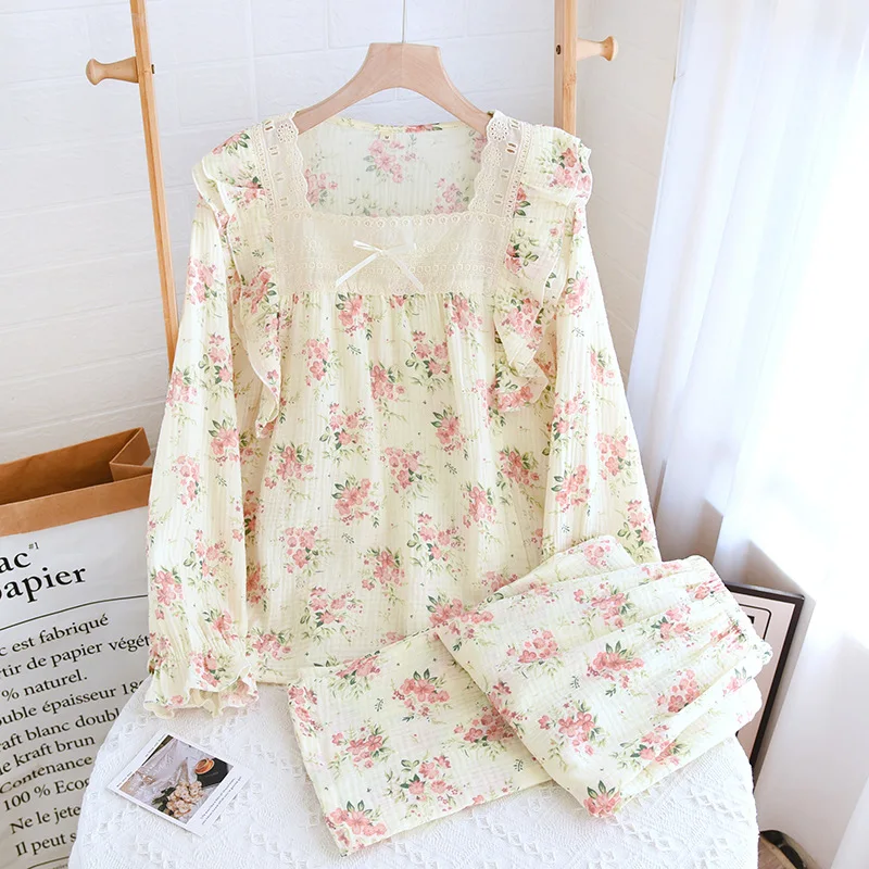 

Comfort Homewear Pure Cotton crepe Trouser Pajamas Suit Women'S Pijama Sets Floral Printing Spring New Soft Home Clothes