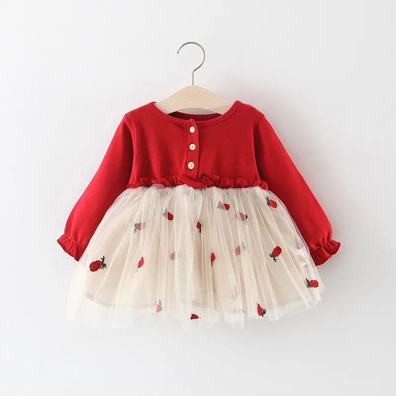 Autumn Red Girls' Dress Baby Solid Long Sleeved Cartoon Fruit Embroidered Dresses Fashion Splicing Round Neck Princess Dress