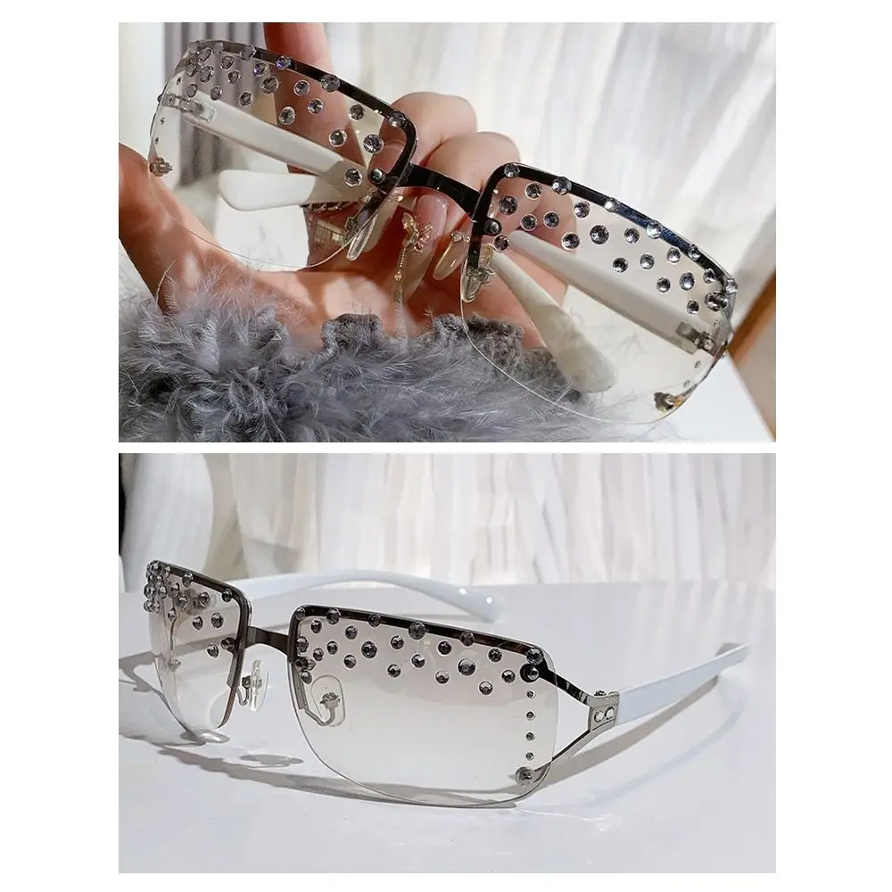 نظارات شمسية عصرية Y2K Diamond بدون إطار للحماية من الأشعة فوق البنفسجية، ظلال مستطيلة مصممة للنساء