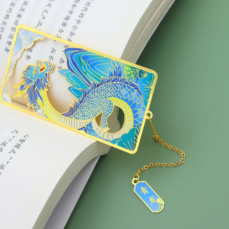 Hollow Brass Metal Bookmark Chinese Style Vintage Tiger Dragon Bookmarks Tassel Pendant Decorative Student Gift School Stationer