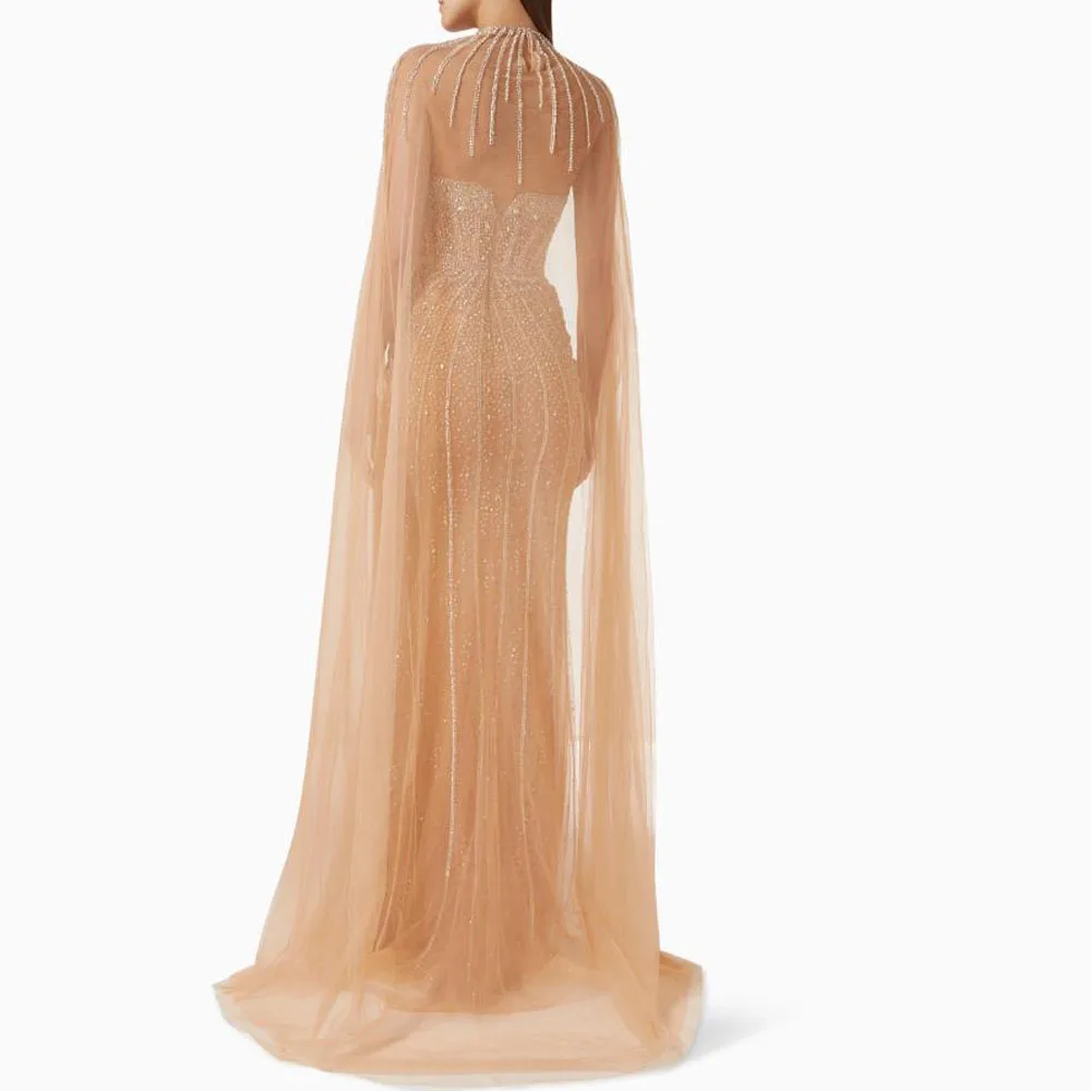 Abiti da sera champagne personalizzati con mantella senza spalline con perline abito formale illusione tulle sirena abiti da gala