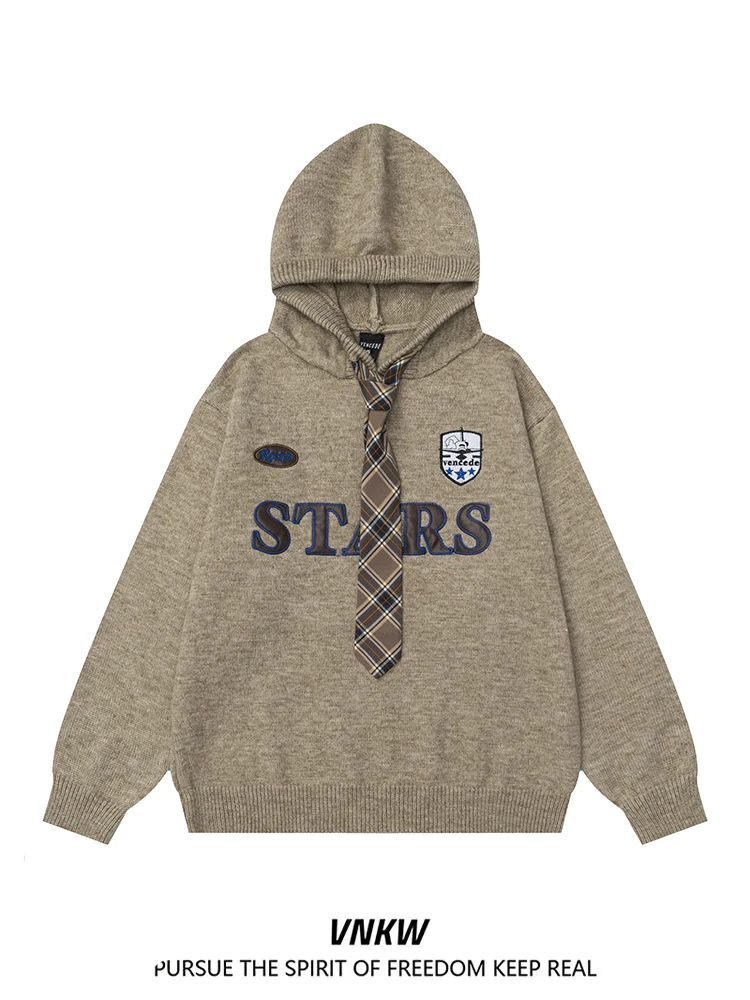 

American Retro Letter Embroidery Hooded Knitted Sweater Loose Thiened Winter Faion Urban Sle for Men And Women