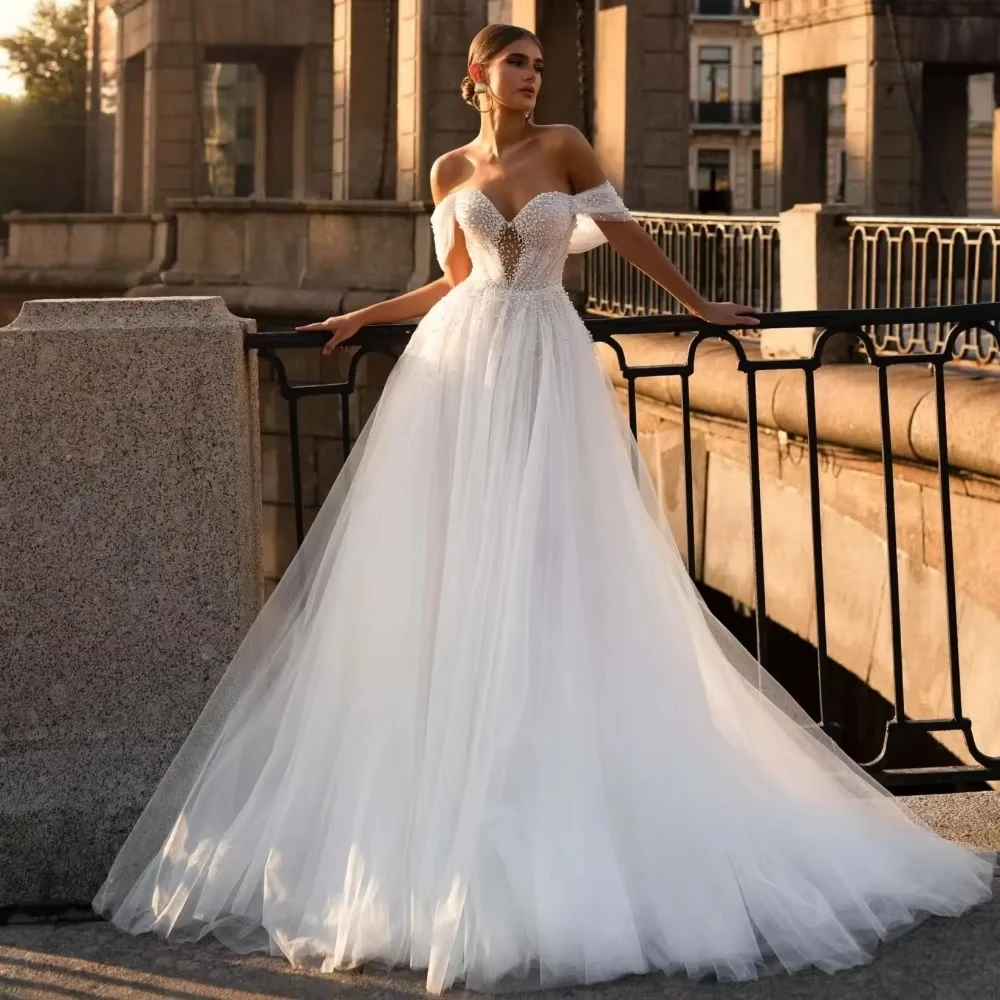 Customized Elegant Tulle  Wedding Dresses For Woman Bride  A Line Sweetheart Pearls Bride Robe Off Shoulder Vestido Bridal Gown
