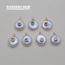 High Quality 11mm Natural Pearl Round Coin Shape Charms Inlaid Colorful CZ Pendants for DIY Handmade Jewelry Making Accessories