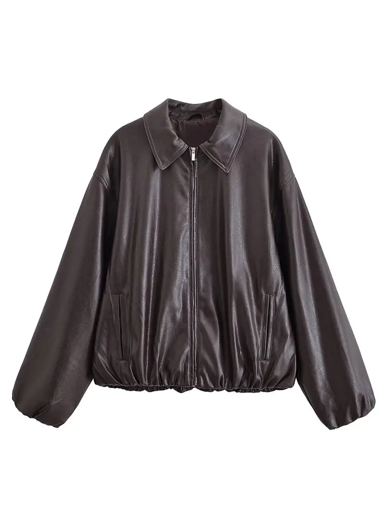 سترة نسائية كلاسيكية من HH مصنوعة من الجلد الصناعي باللون البني الداكن وأكمام طويلة وسحاب وطية صدر السترة معطف ربيع الخريف ملابس علوية عصرية للسيدات