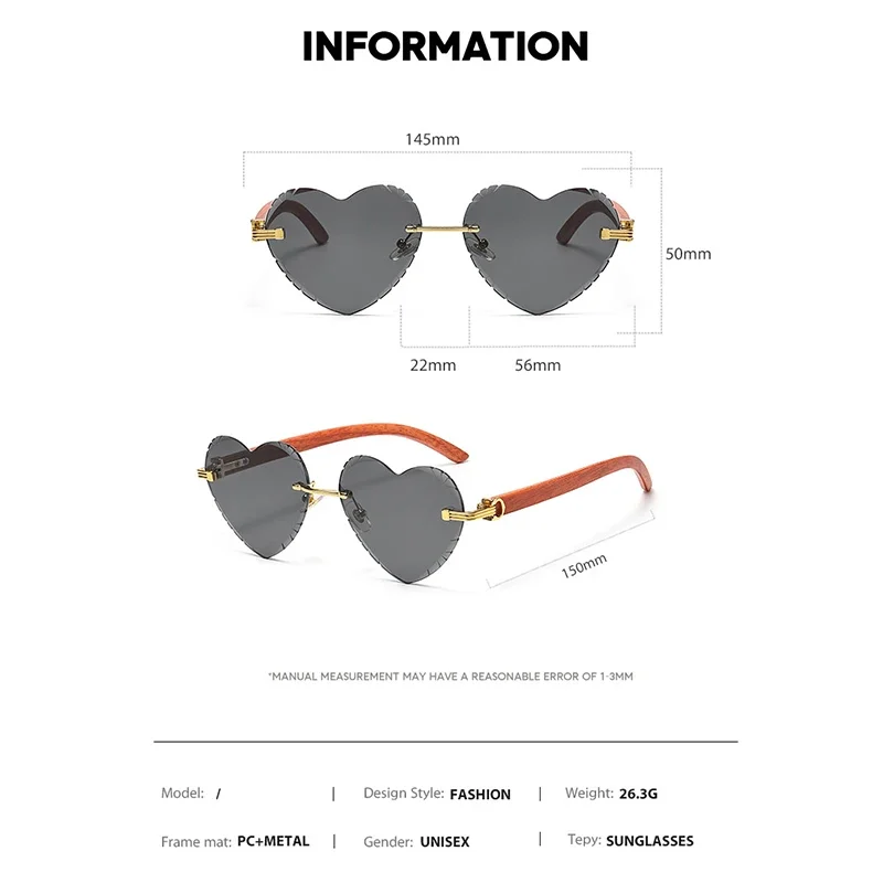 Fashion Women Rimless Heart Shaped Sunglasses Gradient Outdoor Goggles Female Eyewear UV400 Shades Wooden Women Girls Sunglasses