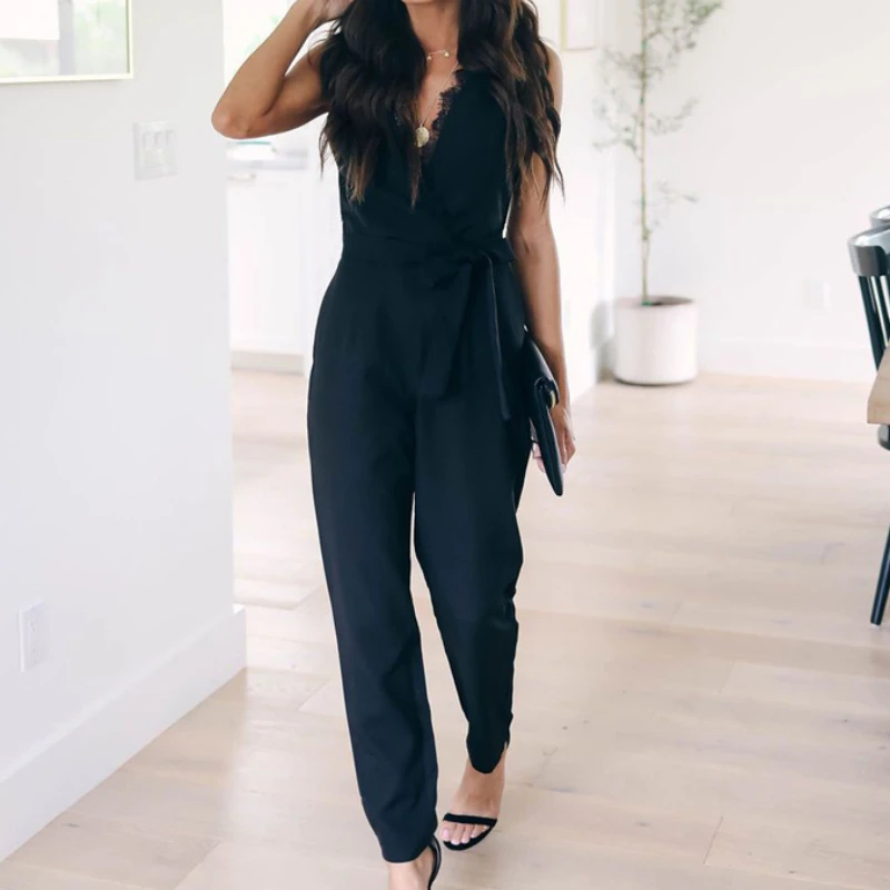 Women Solid Bandage Casual Jumpsuits 2021 Summer Fashion Lace Sleeveless V-neck Pocket Long Pants Rompers Black Jumpsuit Female