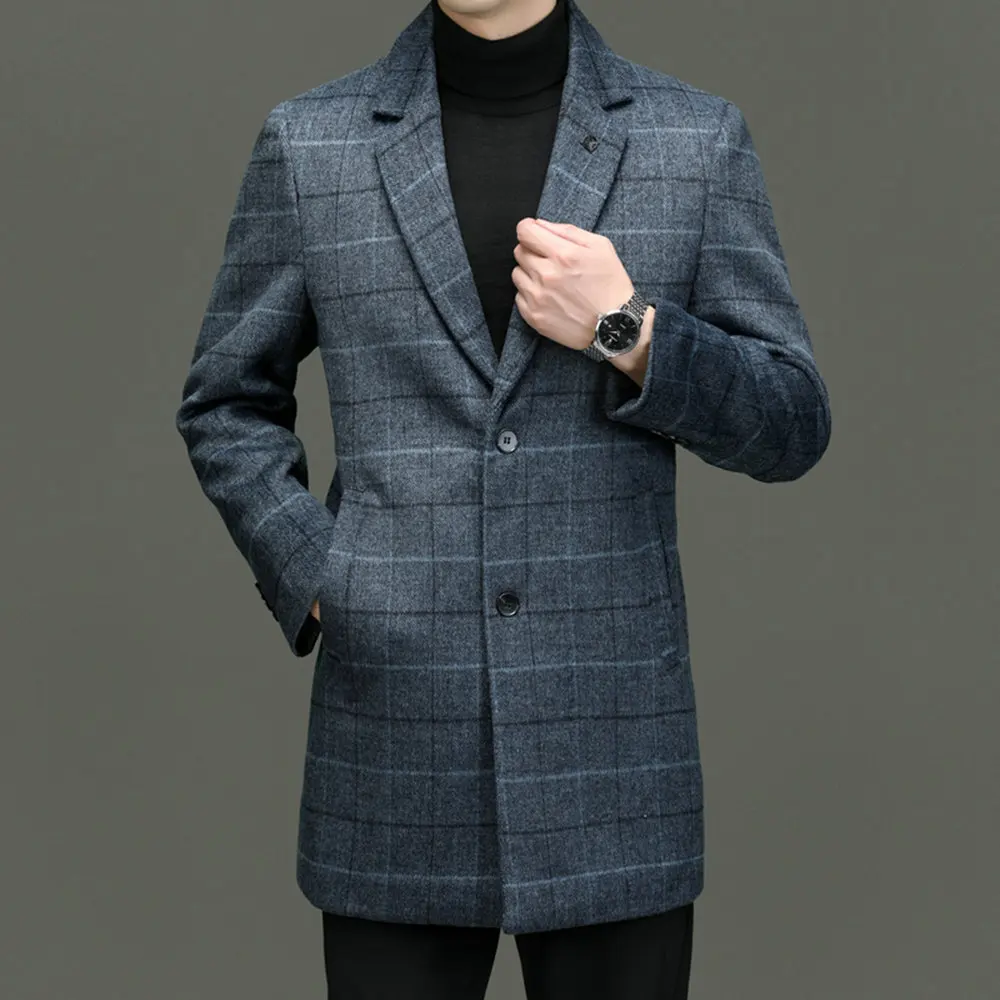 Quiet Luxury Men Plaid Wool Overcoat Blue Gray Khaki Checkered Pattern Woolen Essential Coat Effortless Elegant Menswear Autumn