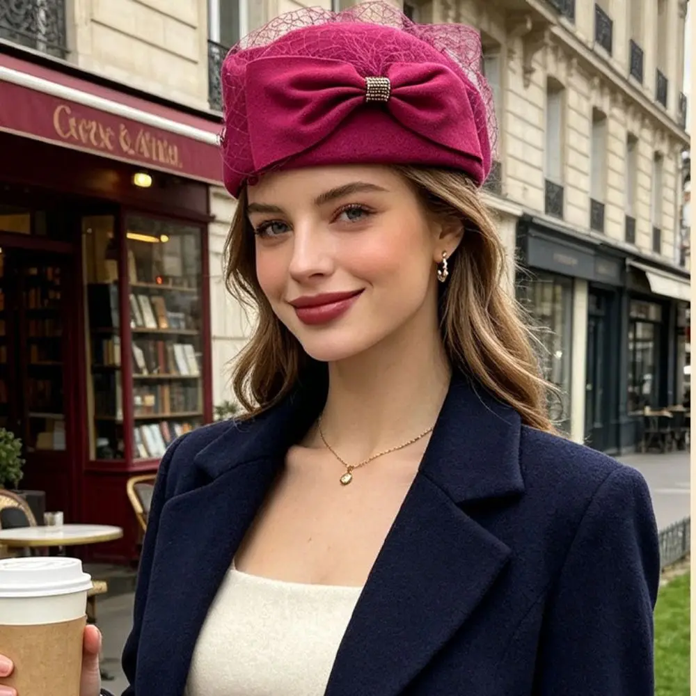 Woolen Top Hat French Style Bow Fedora Hat Elegant Teardrop Pillbox Hat Fedoras Dome Mesh Topper Hat Cocktail Event