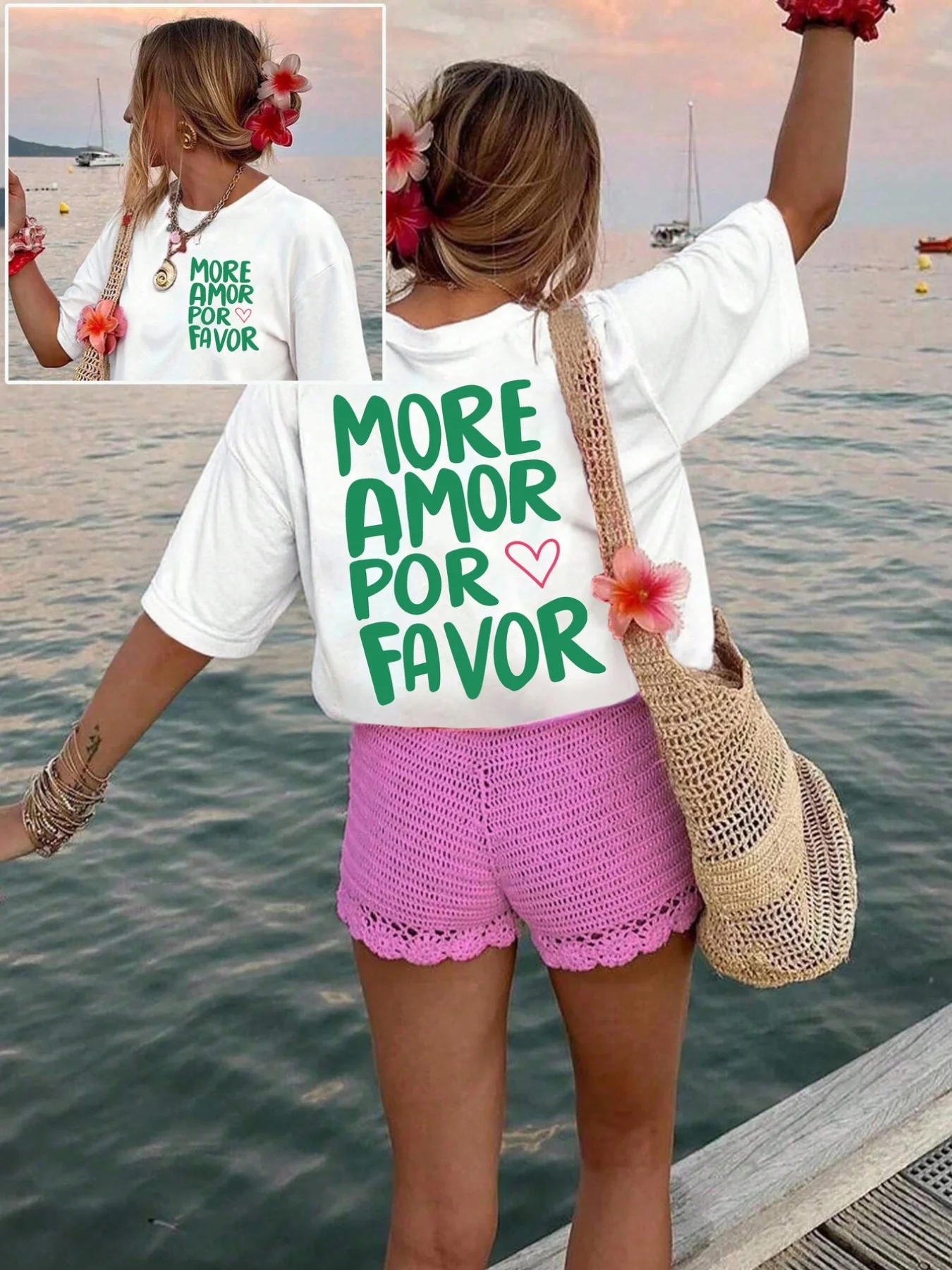 Vacation Beach MORE AMOR POR FAVOR Heart Letter Back Graphic T-shirt Women Loose Sweet Daily Wear Cotton Women'S Clothing