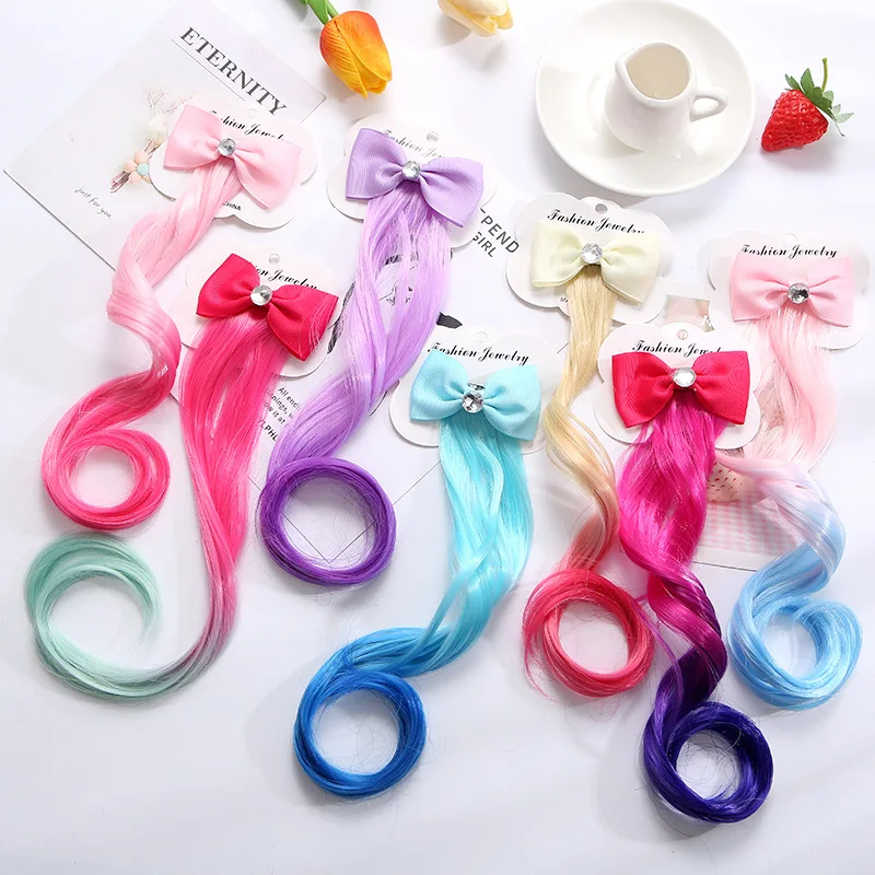 Children\'s Bow Curly Hair Gradient Duckbill Clip Princess Party Colorful Braid Hair Clip Little Girl Performance Hair Accessorie