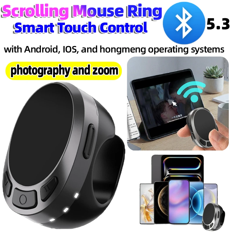 Bluetooth-compatible 5.3 Smart Touch Control Air Mouse Ring Finger Ring Mouse for Video Streaming Photography and Music Control