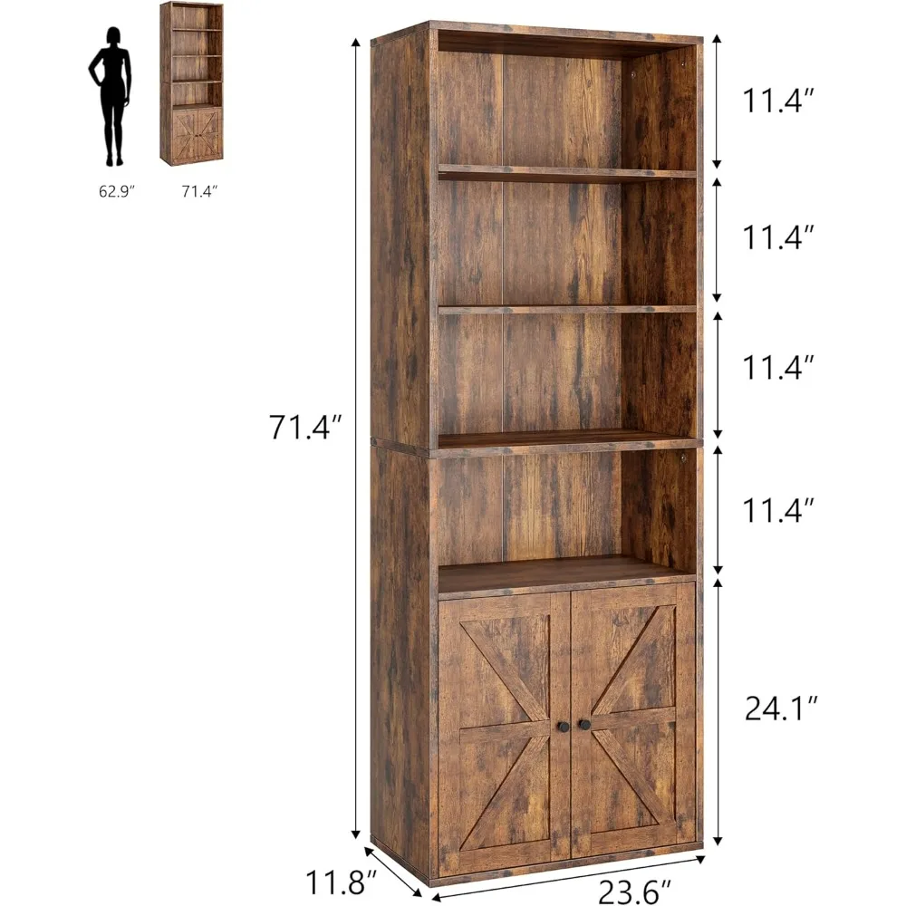Industrial Style Farmhouse Wooden Bookcase with Doors, 11.8 inches Deep and 71.4 inches Tall Display Storage Shelves