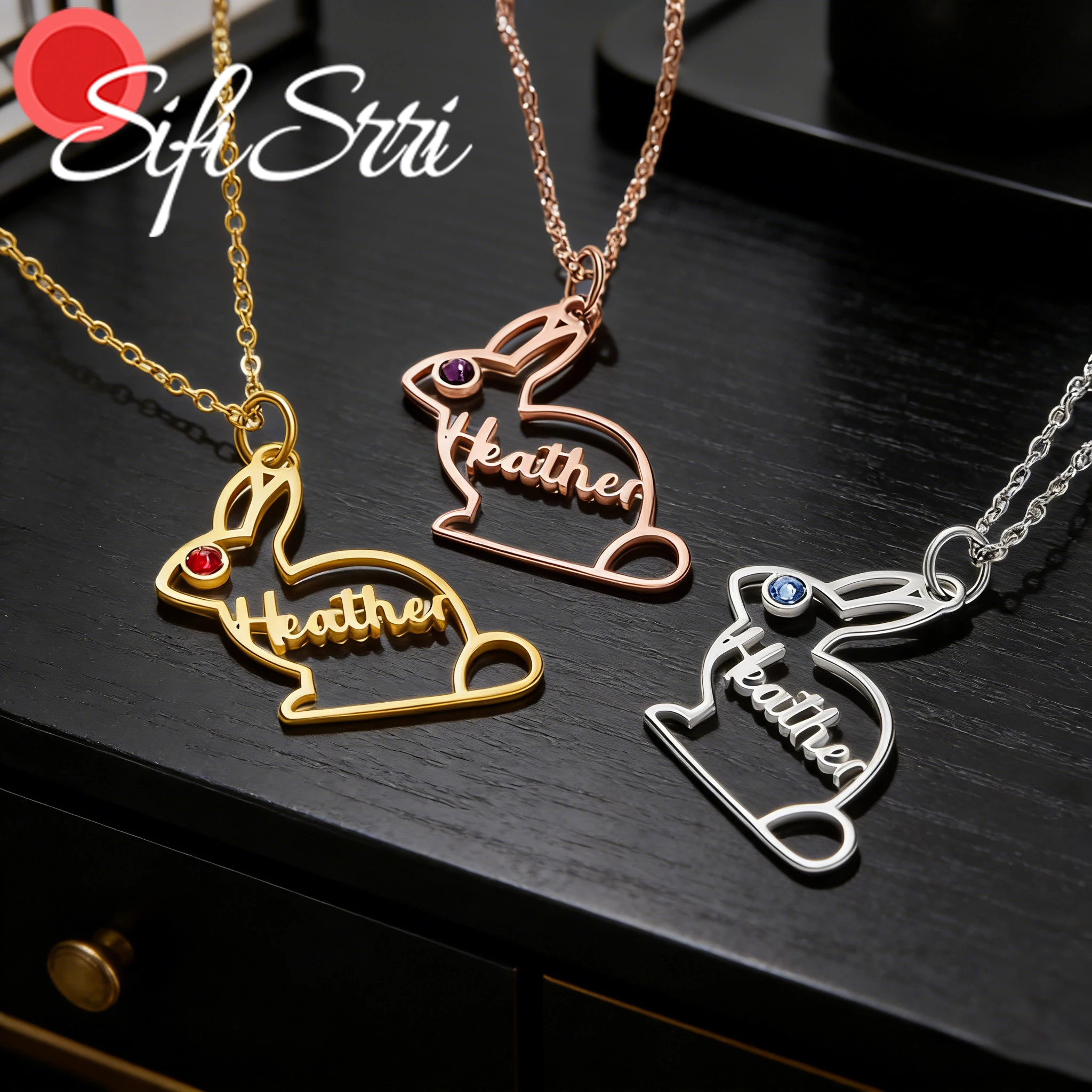 

Ожерелье Sifisrri с индивидуальным именем для женщин, украшенное камнем по месяцу рождения, в виде кролика, из нержавеющей стали, цепочка-чокер, персонализированный подарок на день рождения