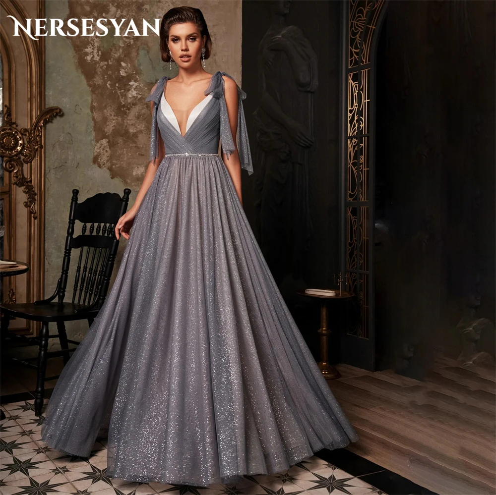 Nersesyan Solid Glitter Formal Evening Dresses V-Neck Sparkly Bow Straps A-Line Prom Dress Backless Sequins Shiny Party Gowns