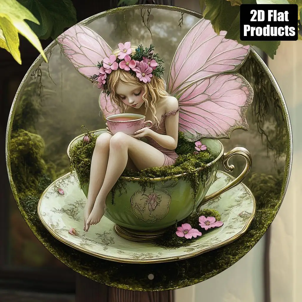 2D flach, 1 Stück verzauberte Fee mit rosa Thema, rundes Aluminiumschild – dekorative Vintage-Kunst, hochauflösendes 2D-Aluminiumschild, I