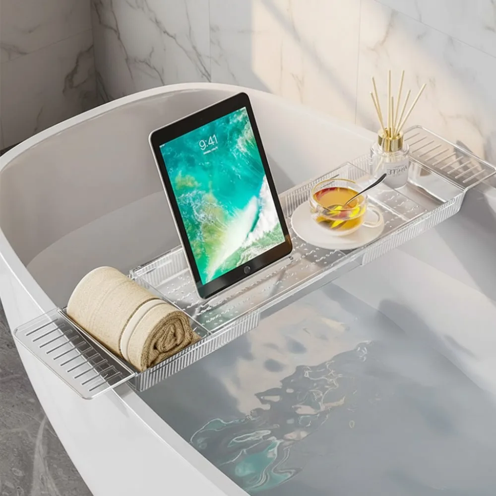 

Adjustable Bathtub Caddy Tray, Expandable Spa Bath Organizer with Anti-Slip Mat for Relaxing Home Luxury
