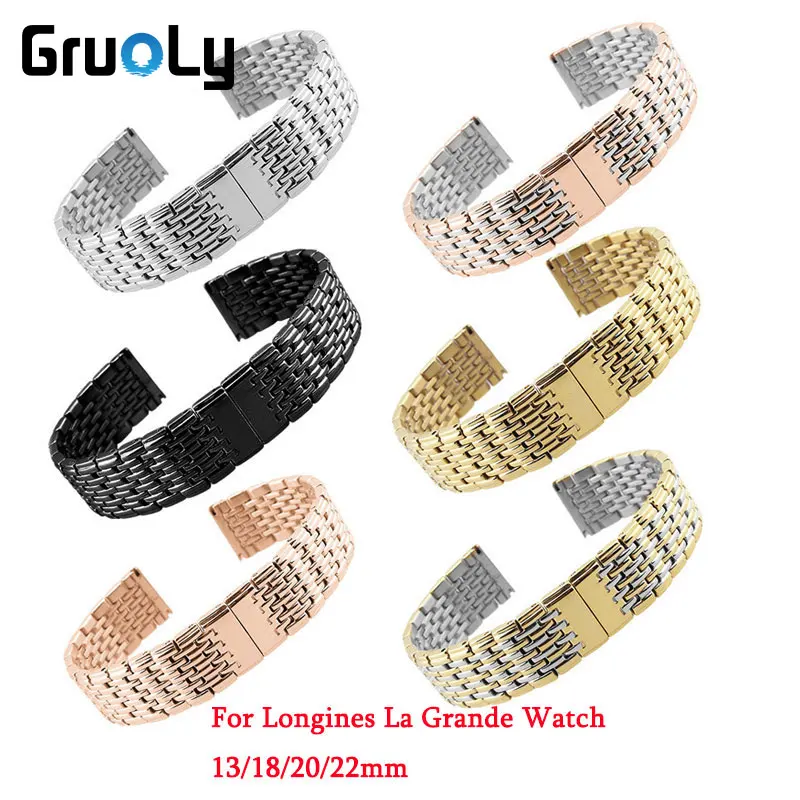 Solid Stainless Steel Watchband For Longines La Grande Bracelet 13mm 18mm 20mm 22mm Universal Wrist Band Strap Butterfly Buckle