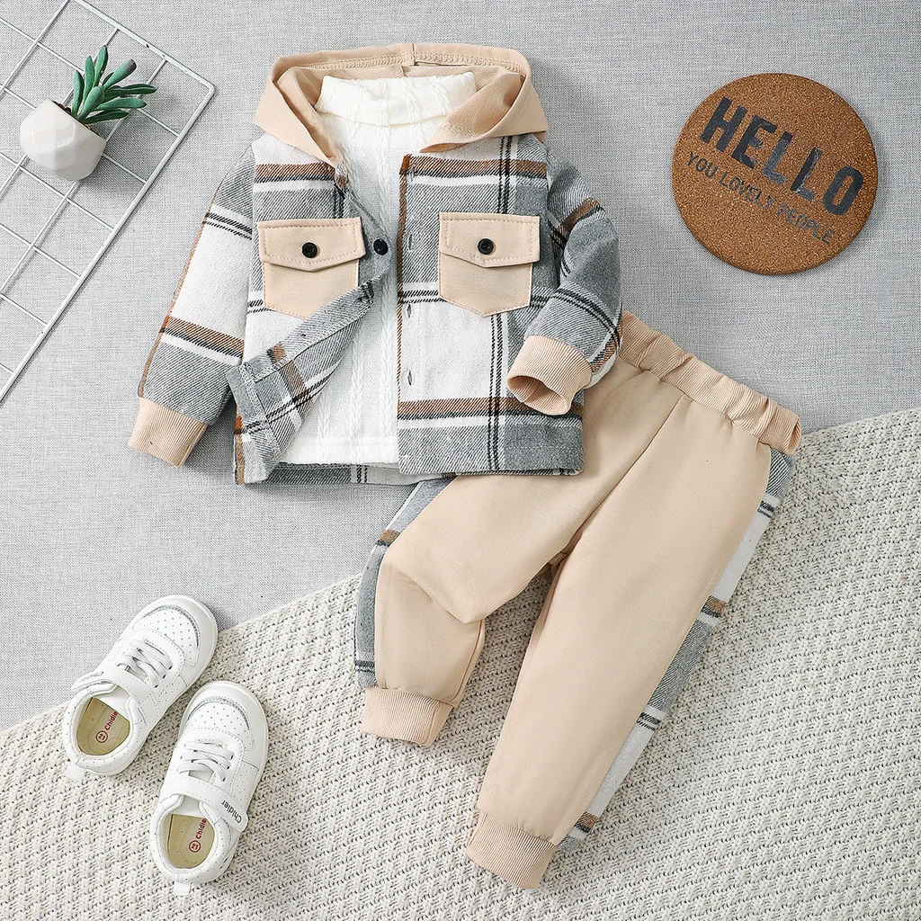 Fashion Autumn Toddler Baby Boys Plaid Hooded 2Pcs Outfit Jacket+Pants for 0-3Y Newborn Infant Casual Daily WearClothing Set