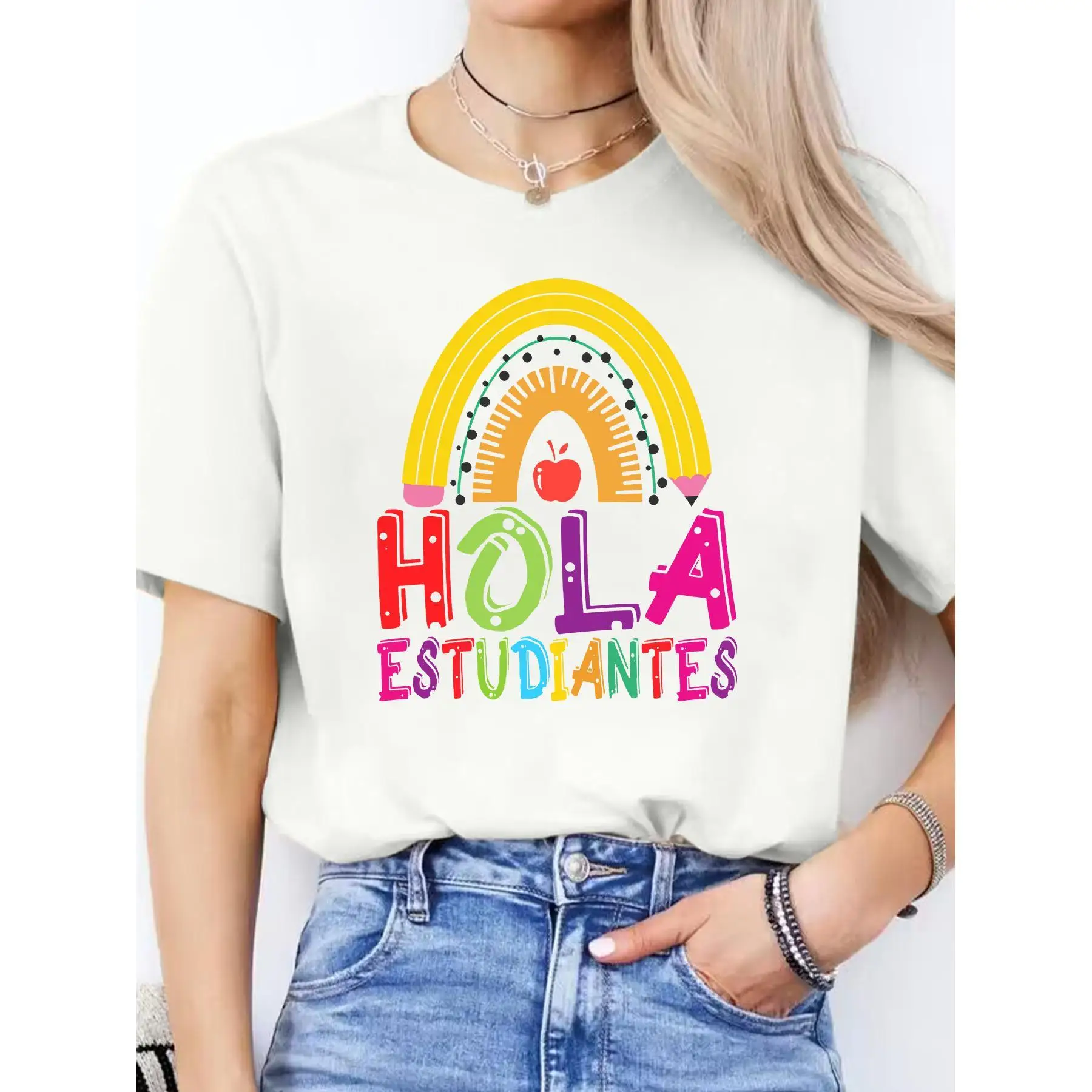 

Hola Estudiantes T-shirt for Teacher Spanish Slogan Tee Funny School Graphic Top Casual Wear