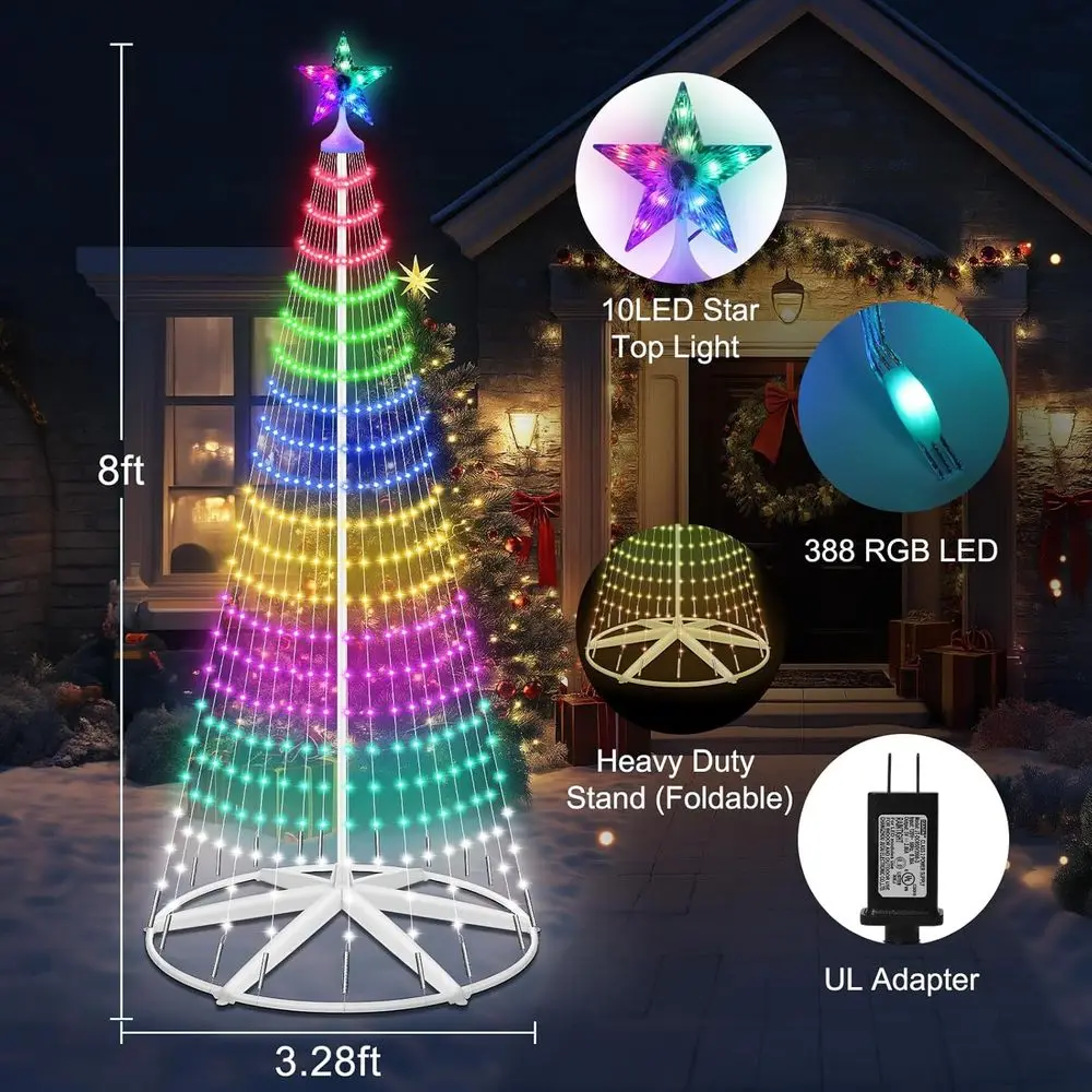 شجرة مخروطية لعيد الميلاد في الهواء الطلق مقاومة للماء مع 265 مصباح LED، أضواء خرافية ذكية لتأثير وميض مزامنة الموسيقى #6