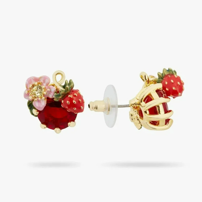 Trendy Pastoral Style French Style Handmade Enamel Red Strawberry Pink Flower Burgundy Glass Inset Charms Stud Earrings Ear Hook