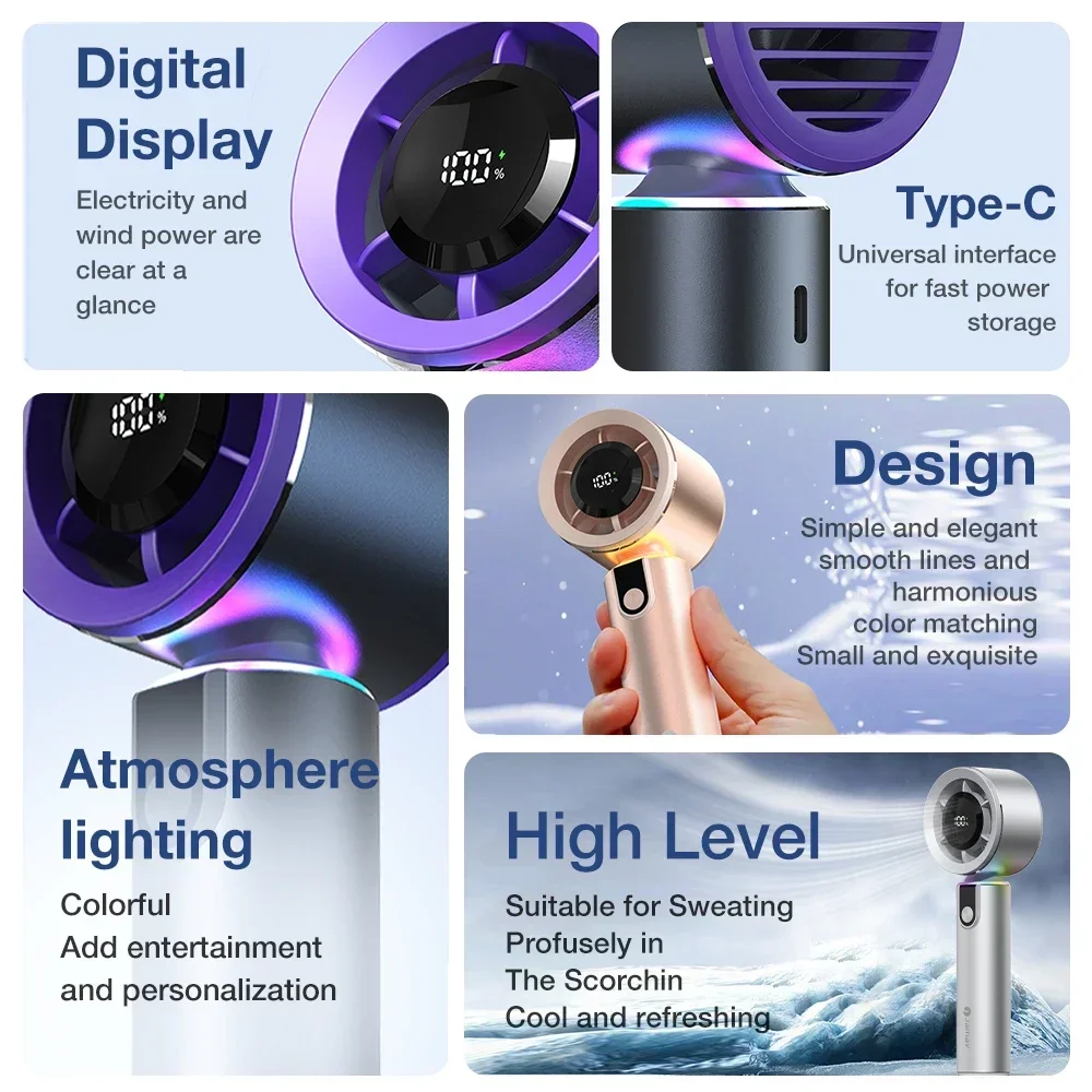 KHwatch 218g مروحة صغيرة محمولة LED شاشة ديجيتال خفيفة للغاية سبائك الألومنيوم الجسم مع 2 أضواء الغلاف الجوي USB شحن مروحة F18