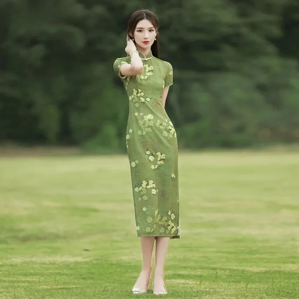 

Chinoiserie Style Young Style Improved Elegant Old Shanghai Long Style Vintage Cheongsam Women's Spring and Autumn Printed Dress