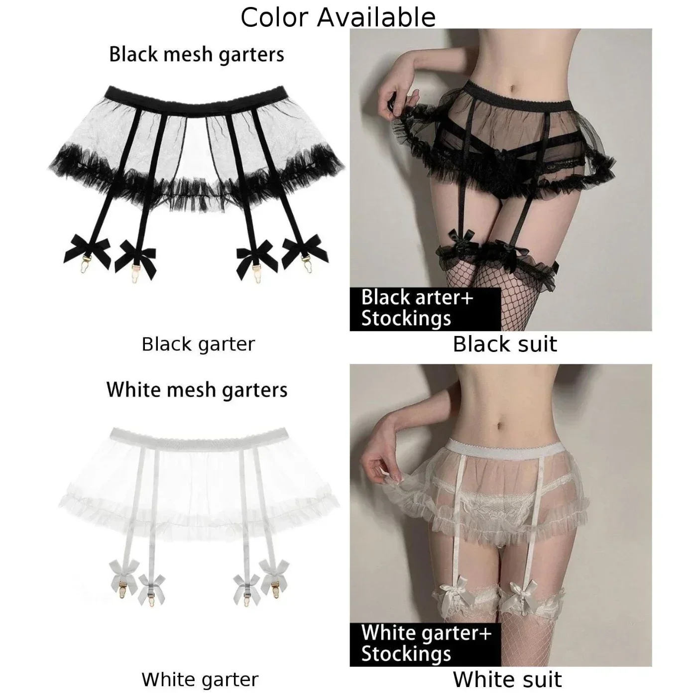ชุดชั้นในเซ็กซี่ผู้หญิงยาว Fishnet Garter ถุงน่องตาข่ายโปร่งใสกระโปรงปุย