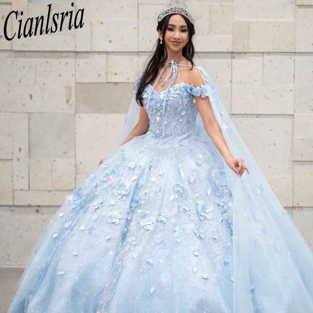 2023 Sky Blue Cinderella Quinceanera Dresses Sweetheart Appliques Ball Gown Two Pieces Custom Made платье на выпускной