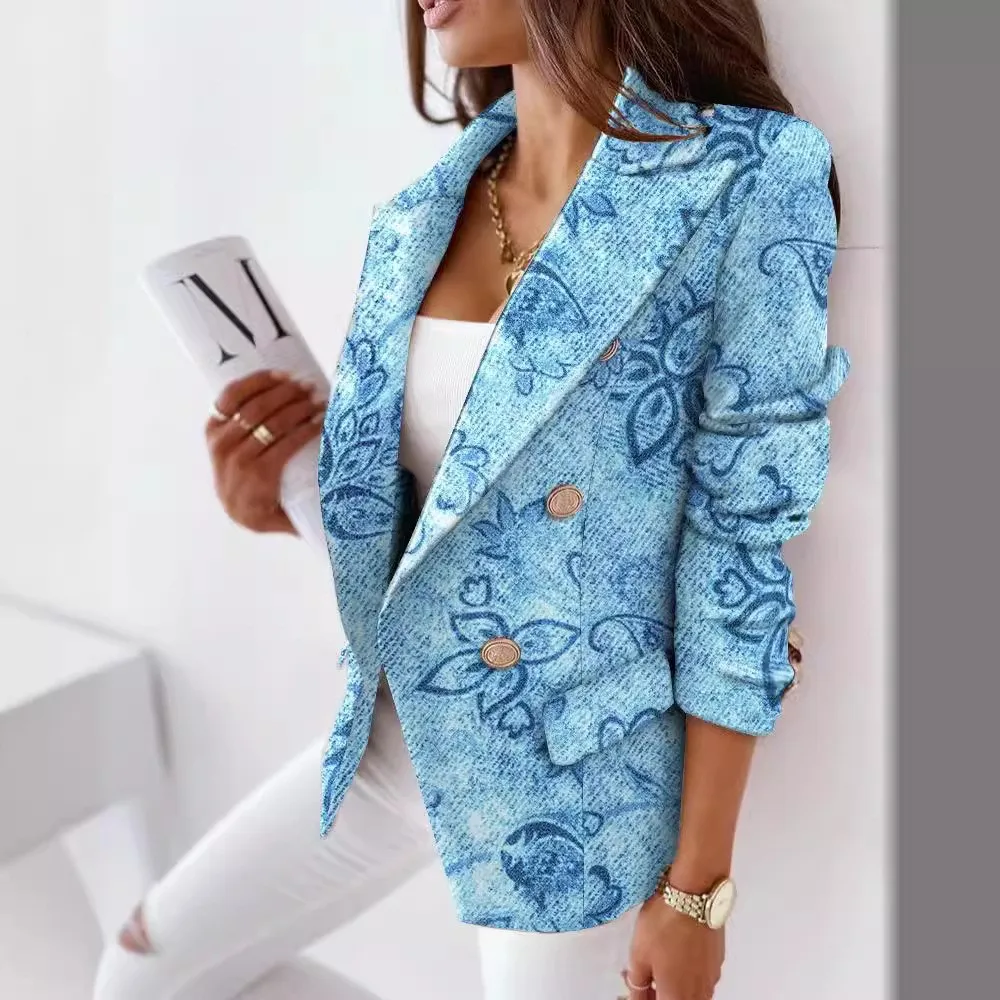 Outono e inverno manga comprida duplo breasted casual impresso terno feminino fino ajuste blazer de lã feminino elegante ropa dama