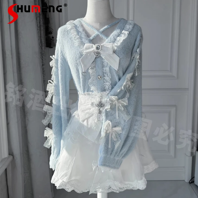 

Y2K Subculture Rojita Mine Series, милый трикотаж, верхнее пальто, осень-зима, черный акварельный кардиган, свитер, куртка, юбка с высокой талией