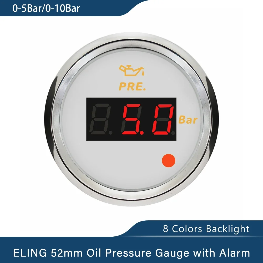 

ELING 52mm Oil Pressure Gauge 0-5Bar 0-75Psi 0-10Bar 0-145Psi with 8 Colors Backlight and Light Alarm for Van Ships Motorcycle